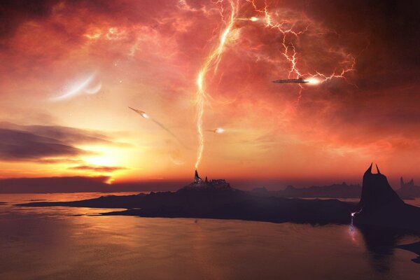 Un ciel rouge enveloppé d orage