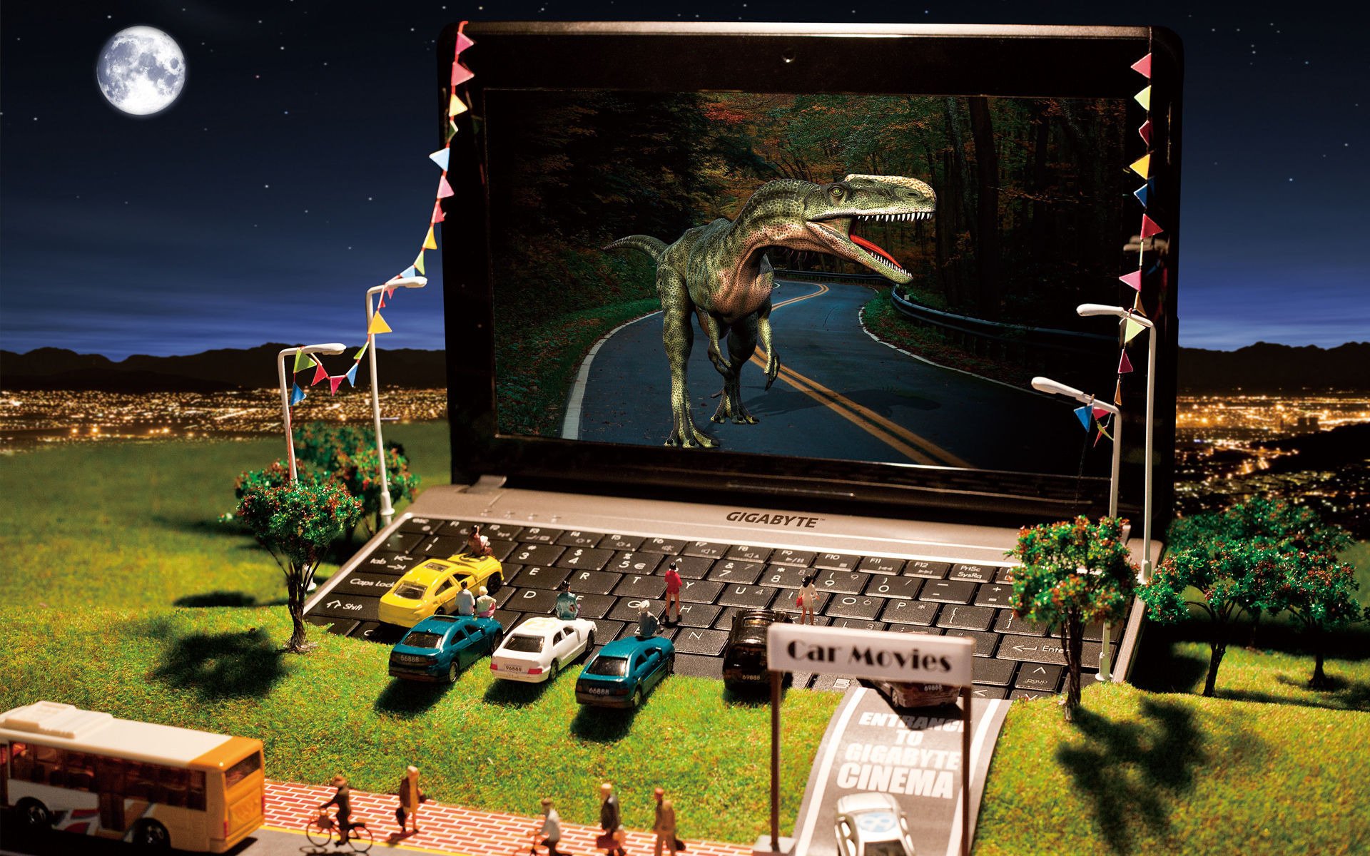 gigabyte modèles netbook miniature cinéma voitures dinosaure colline ville jouets lanternes ordinateur portable arbres