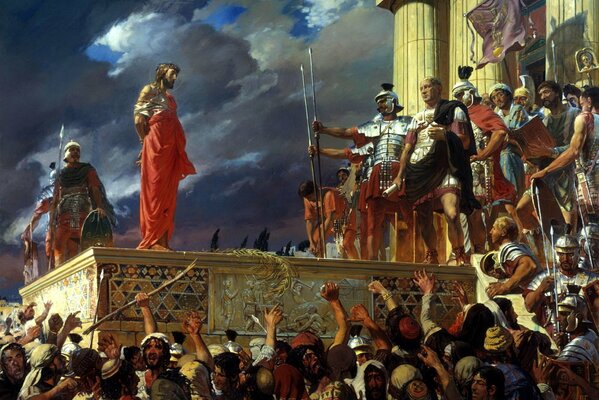 Jésus-Christ en Cape rouge sur la foule à Rome