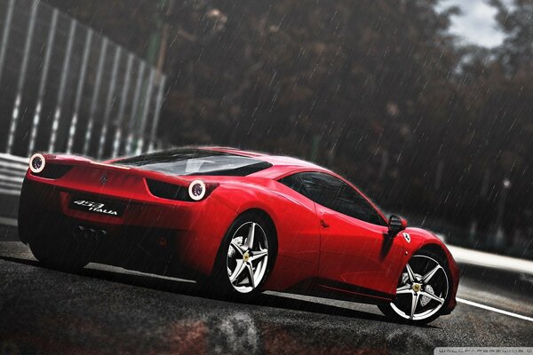 Ferrari rouge dans un pogdow nuageux