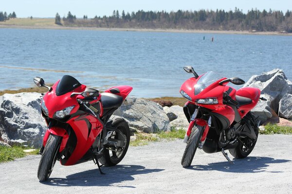 Deux motos rouges sur fond d eau