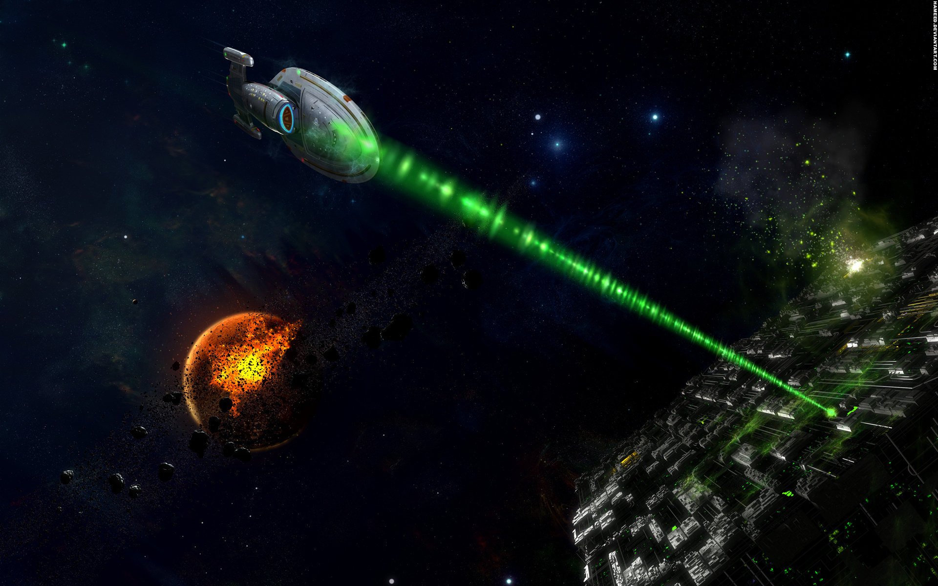 voyager borg borgs star trek star trek voyager cube attaque rayon astéroïdes étoiles espace univers espace laser