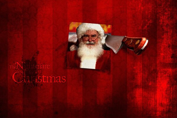Photo du père Noël sur le mur, couteau, fond rouge