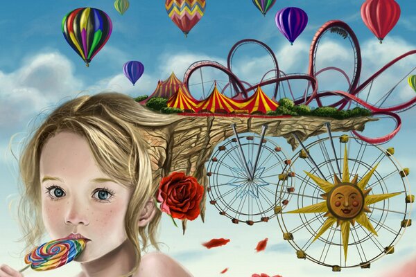 Fille avec des bonbons, des ballons et des manèges
