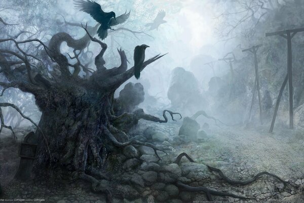 Tableau sombre avec des corbeaux dans le style gothique