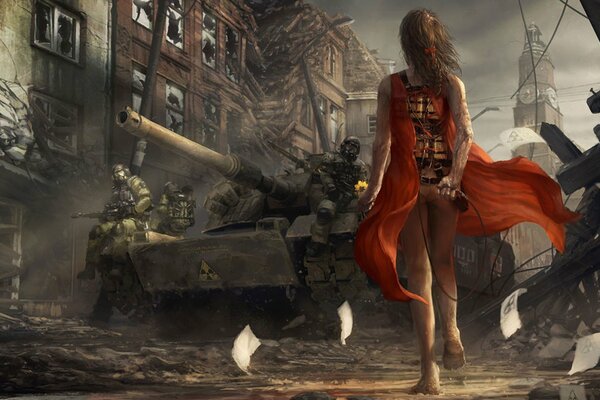 Fille en robe rouge sur la guerre