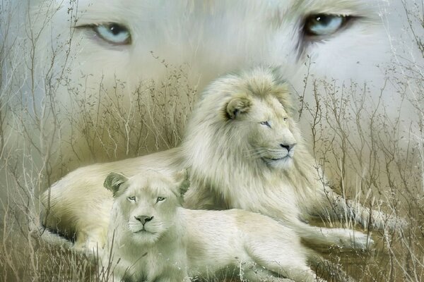Couple de lions de vacances en famille