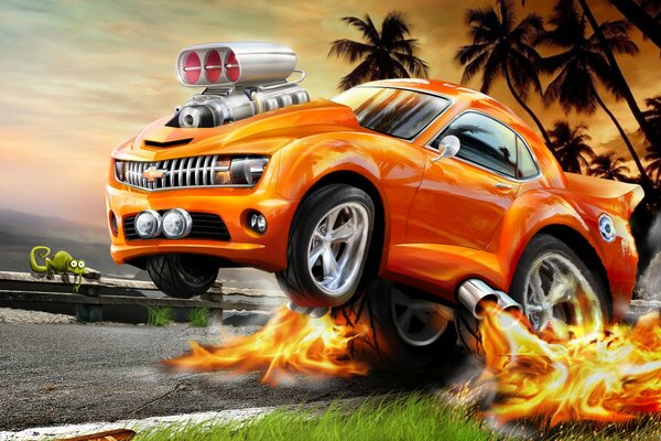 Dessin d une Chevrolet en feu et à côté d un caméléon