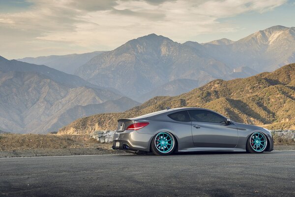 Gris auto debout dans les montagnes