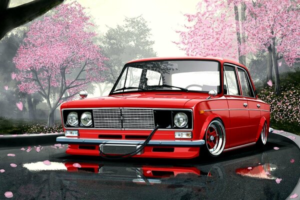 Voiture rouge sur la route entre Sakura