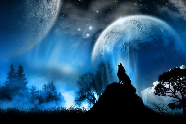 Silhouette d un loup hurlant sur fond de lune fantastique