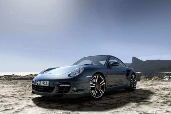 Porsche sur la côte de la mer sous un ciel sans fin