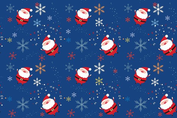 Texture de père Noël avec des flocons de neige sur fond bleu