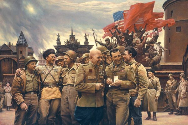 Les soldats américains et soviétiques se réjouissent de la victoire