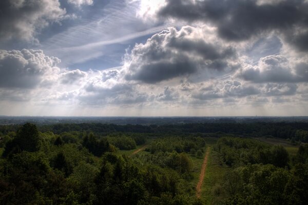 Beaux nuages sur les arbres et la route
