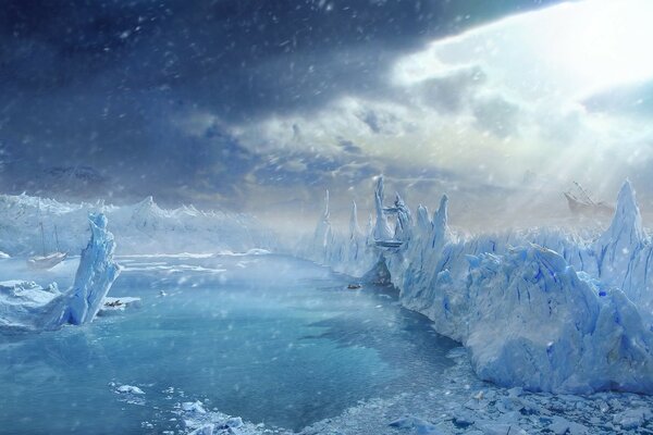 Navires en bois à travers la glace