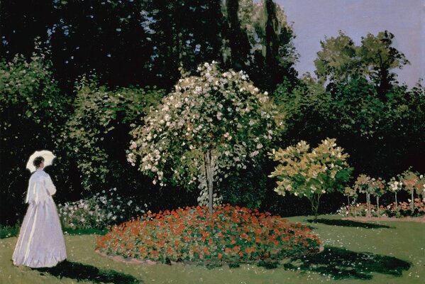 Fille exquise dans une robe blanche avec un parapluie blanc, admirer l arbre en fleurs dans le jardin