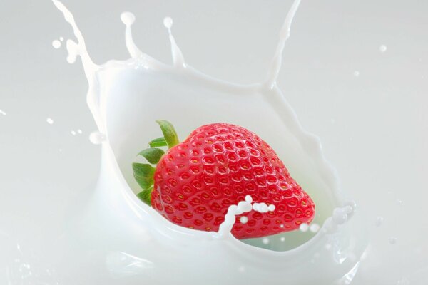 Fraise dans le lait avec motif de pulvérisation