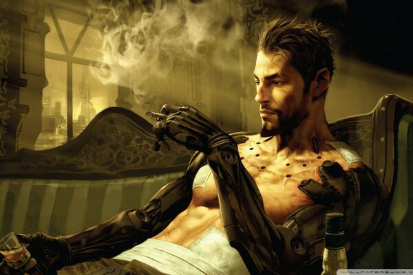 Cyberpunk Adam Jensen sur le canapé