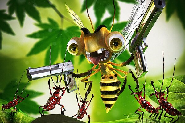 Une abeille avec des pistolets menace les coléoptères
