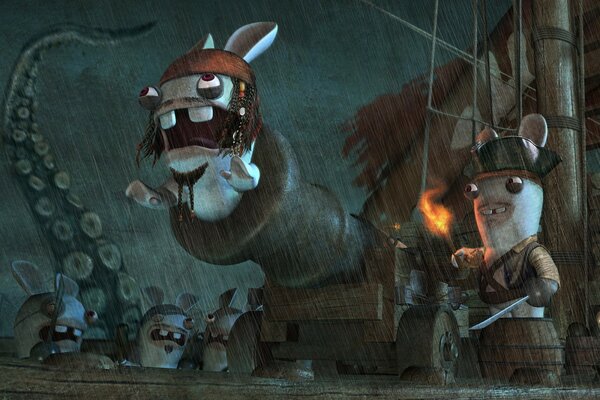 Lapins pirates dans la mer qui fait rage
