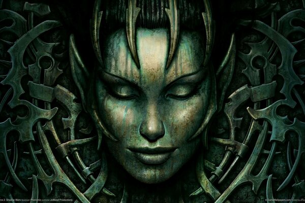Visage de femme dans une porte en métal parmi les mécanismes