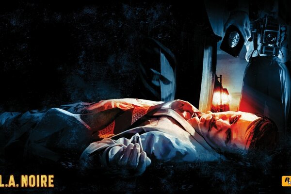 Affiche du jeu L. A. Noire de la société de jeux Rockstar Games avec un cadavre couché