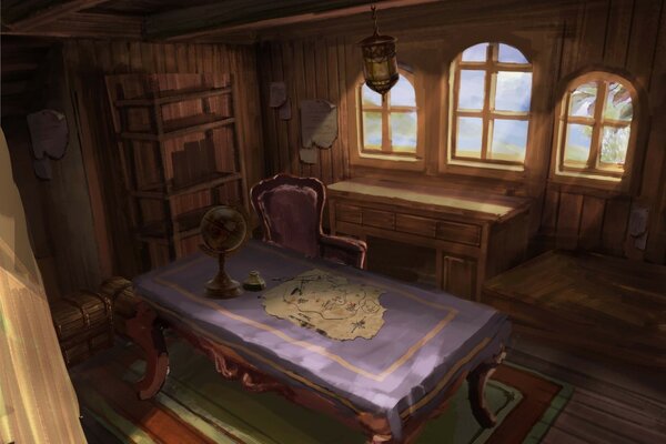 La cabine du capitaine. Globe sur la table