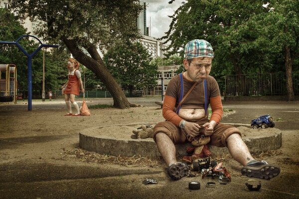 Les adultes sont tombés dans l enfance. Homme dans le bac à sable avec des jouets