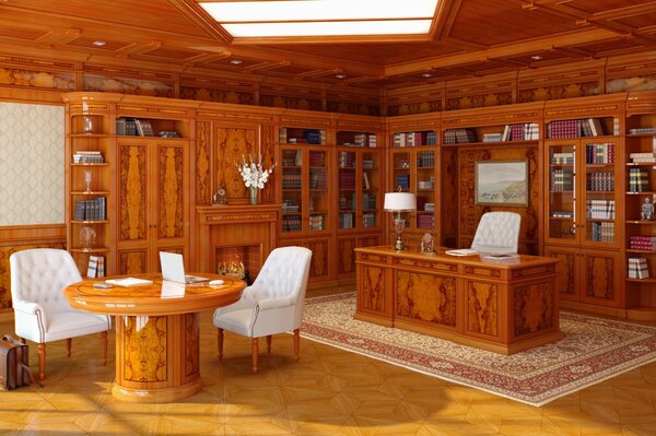 Arbre à l intérieur. Bibliothèque. Fauteuils blancs