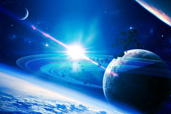 Planète dans la lumière bleue de l espace au-dessus du ciel
