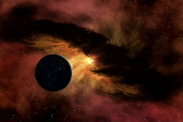 Planète noire dans l espace et la lumière incidente