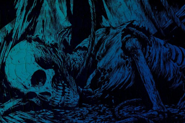 Dessin sombre bleu avec crâne et squelette