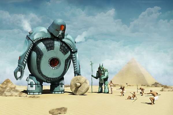 Robots aliens à côté des pyramides