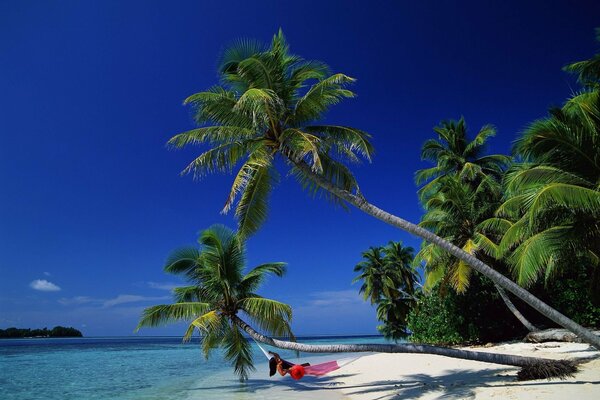 Fille en rouge se trouve sur un hamac