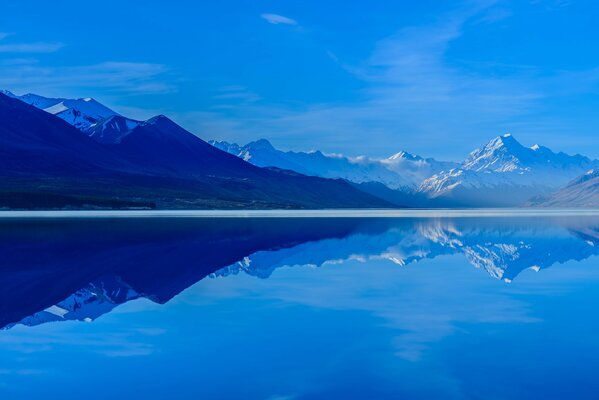 Reflet des montagnes et du ciel dans le lac Pukaki