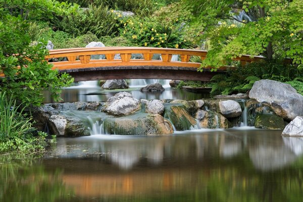 Pont dans le jardin de petites cascades coulent des pierres