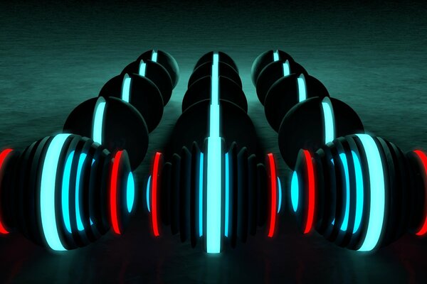 Les boules de néon de couleur noire se révèlent en bleu et rouge
