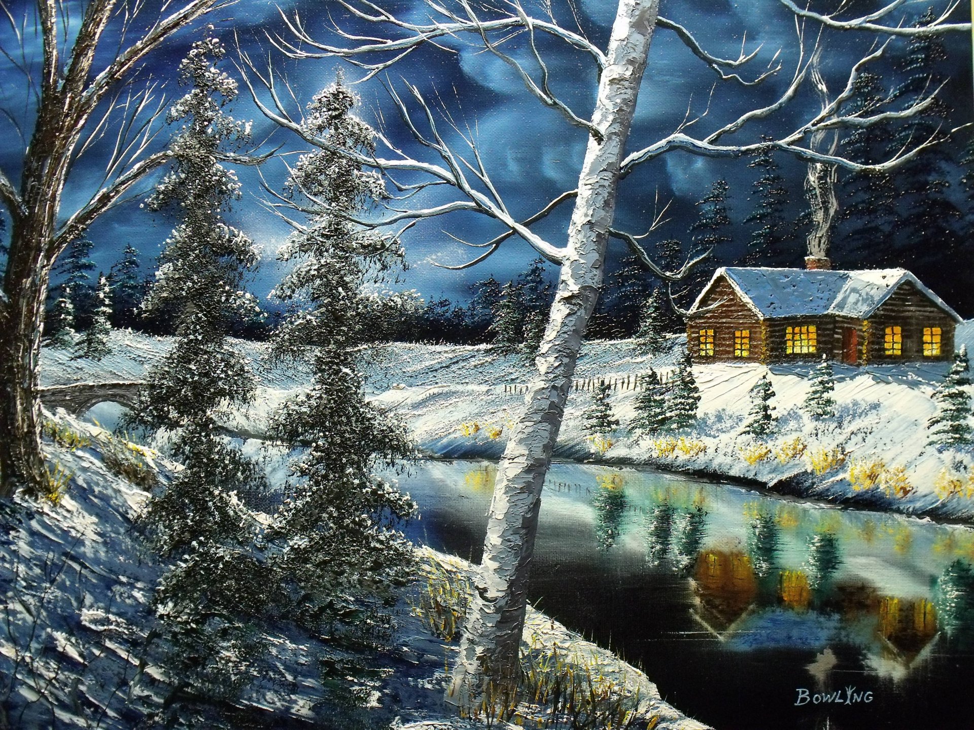 peinture maison fenêtre hiver arbres rivière réflexion ciel toile