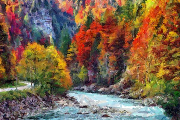 Arbres peints avec des couleurs d automne panachées et de l eau bouillonnante