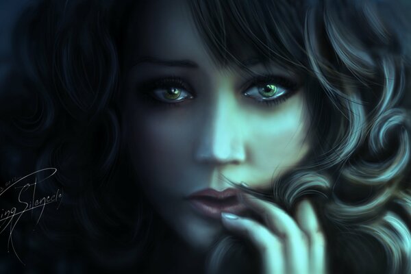 Le regard triste d une brune aux yeux verts
