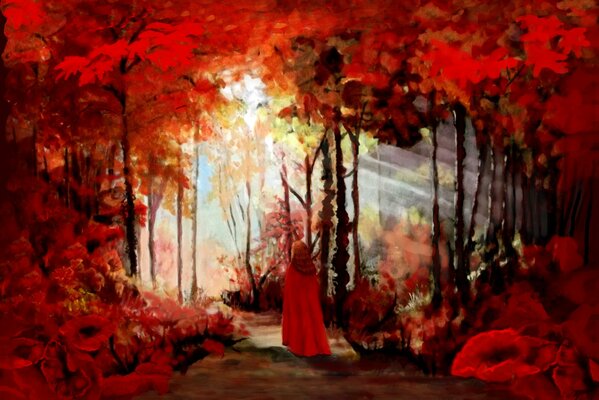 Fille en Cape dans la forêt rouge