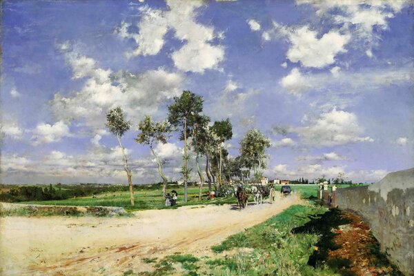 Tableau de Giovanni Boldini. Les chevaux marchent sur la route de campagne