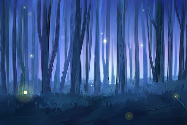 Art de la forêt sombre avec des lucioles