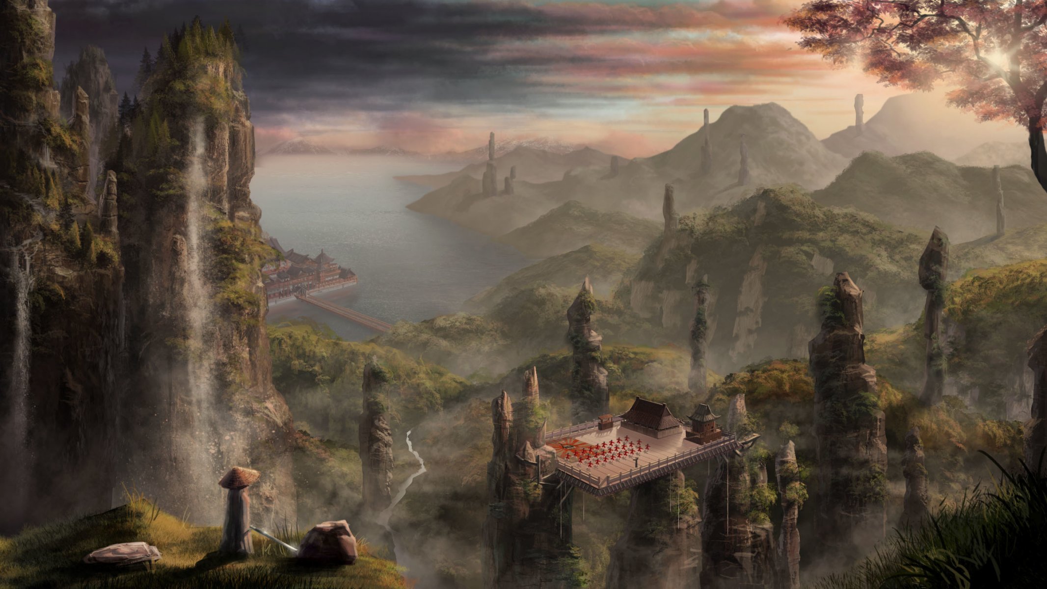 art andrei paglianov paysage rochers montagnes bâtiments asie chine port mer cascades hauteur