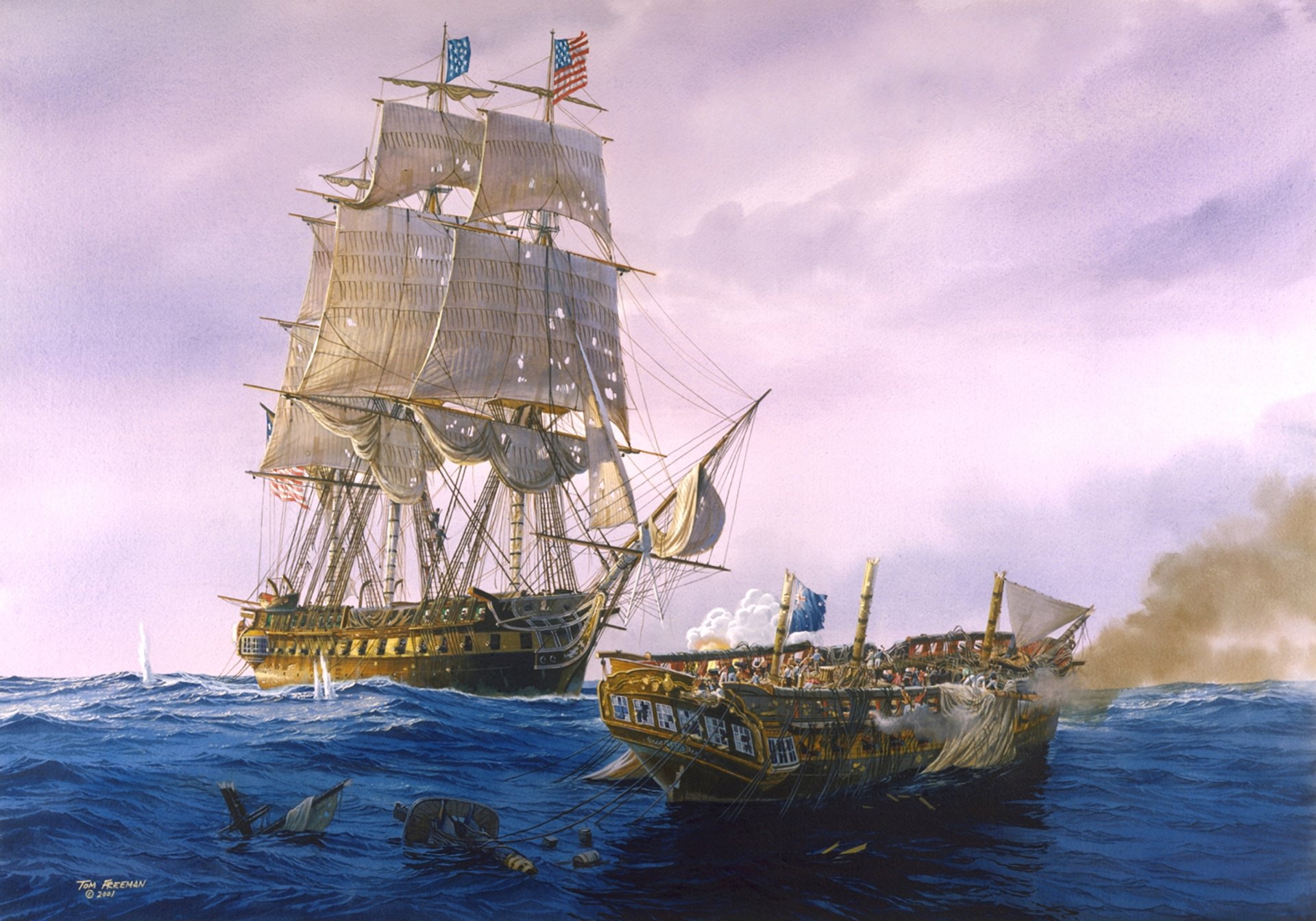 art bataille navale navires voiliers mer vagues ciel nuages peinture artiste tom freeman