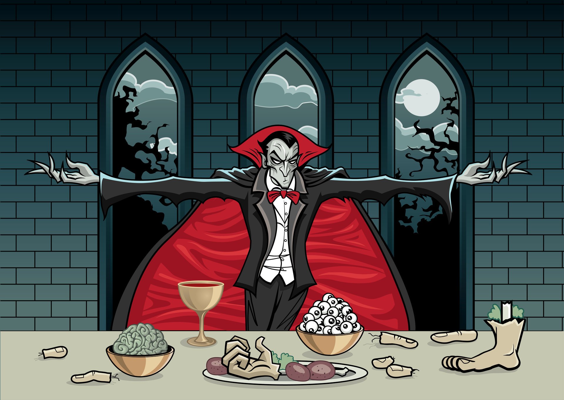 table entrailles yeux main pied cerveau coupe dracula comte nuit fenêtre lune doigts sang cape