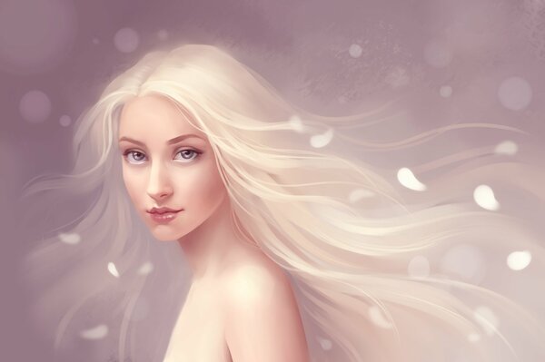 Fille aux cheveux blancs et pétales de fleurs