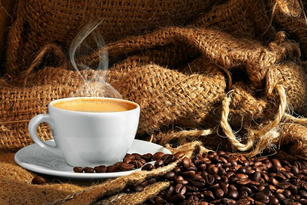 Café fumant dans les tasses et les grains de café