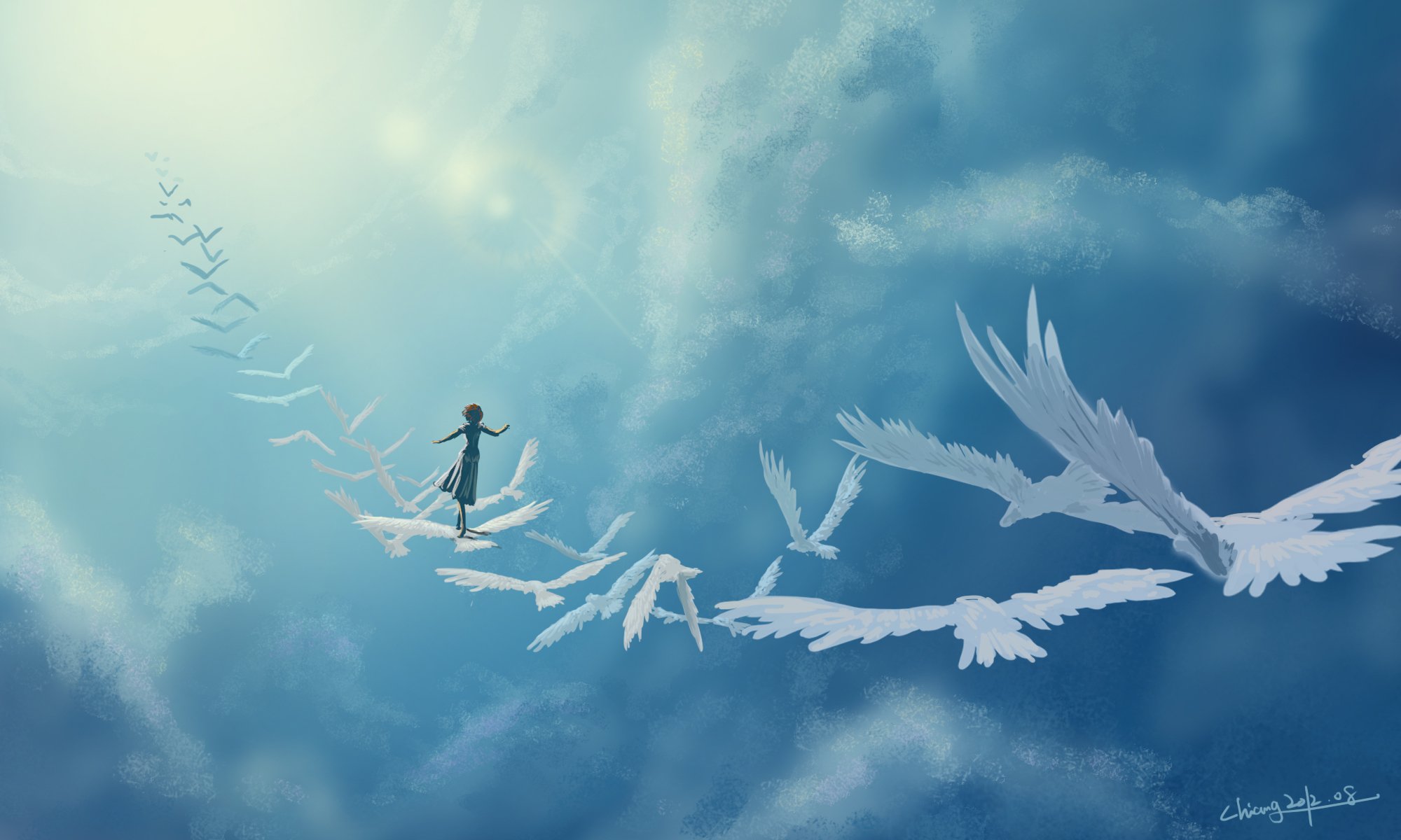 art dans le ciel oiseaux fille fantaisie nuages